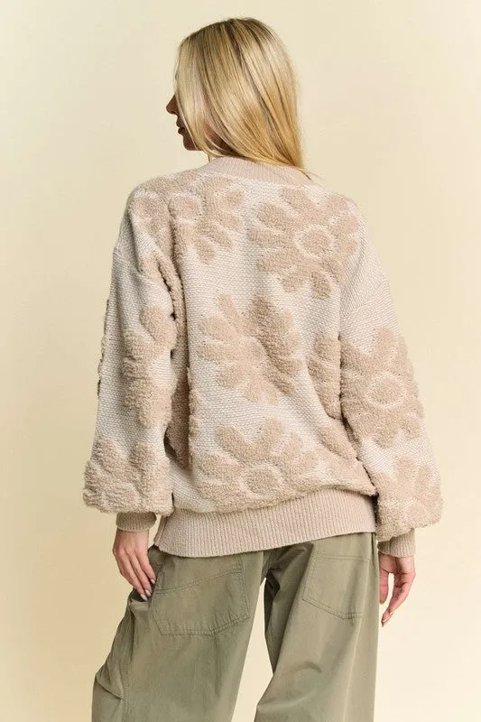 TEEK - Beige Flower Texture Dropped Shoulder Sweater