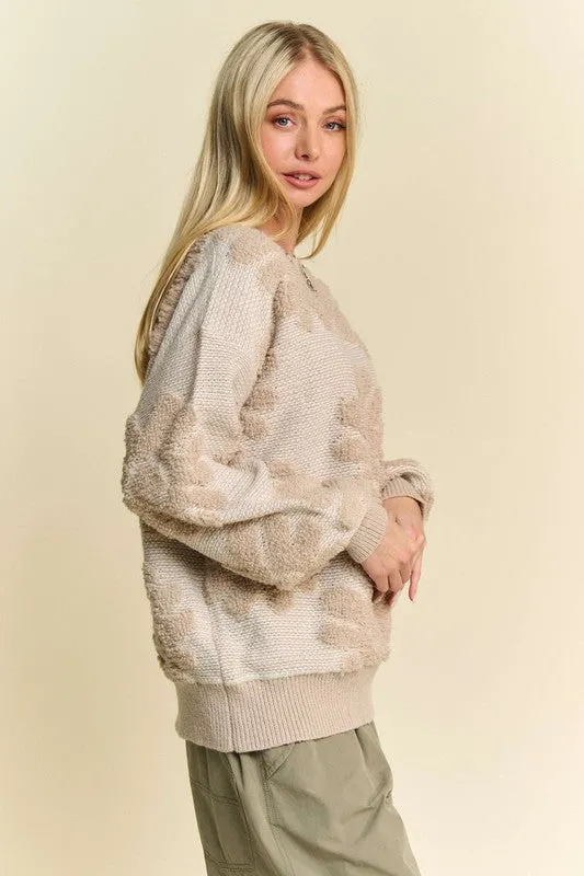 TEEK - Beige Flower Texture Dropped Shoulder Sweater