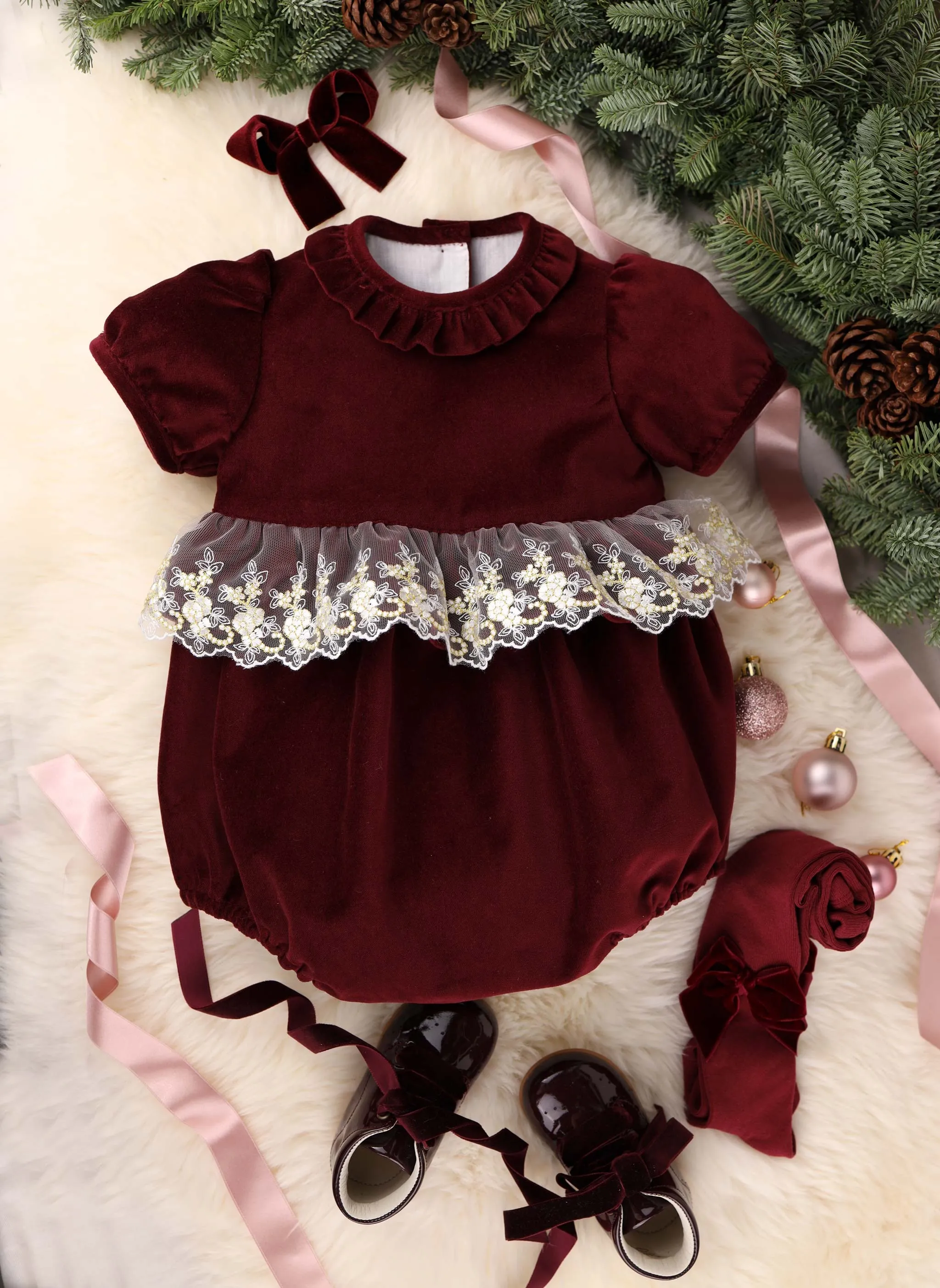 Velvet & Gold Lace Romper - Burgundy (3M - 4Y)