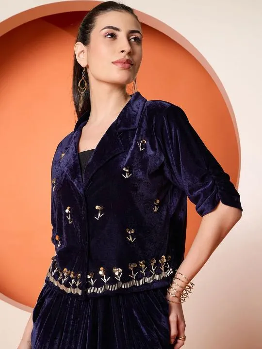 Velvet Embellished Blazer With Draped Skirt Indo Western Set