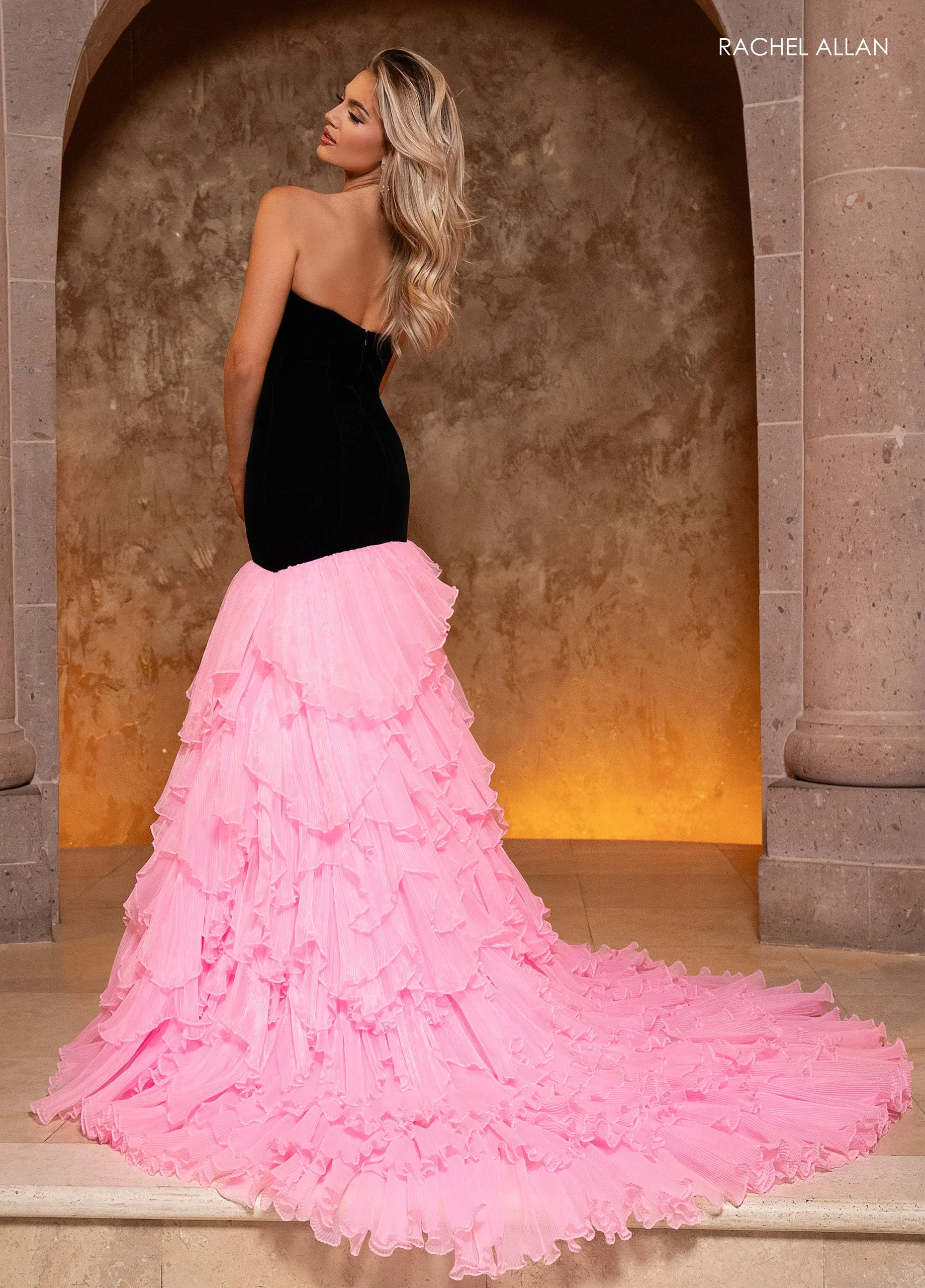 Velvet Strapless Tiered Mermaid Dress by Rachel Allan 50359