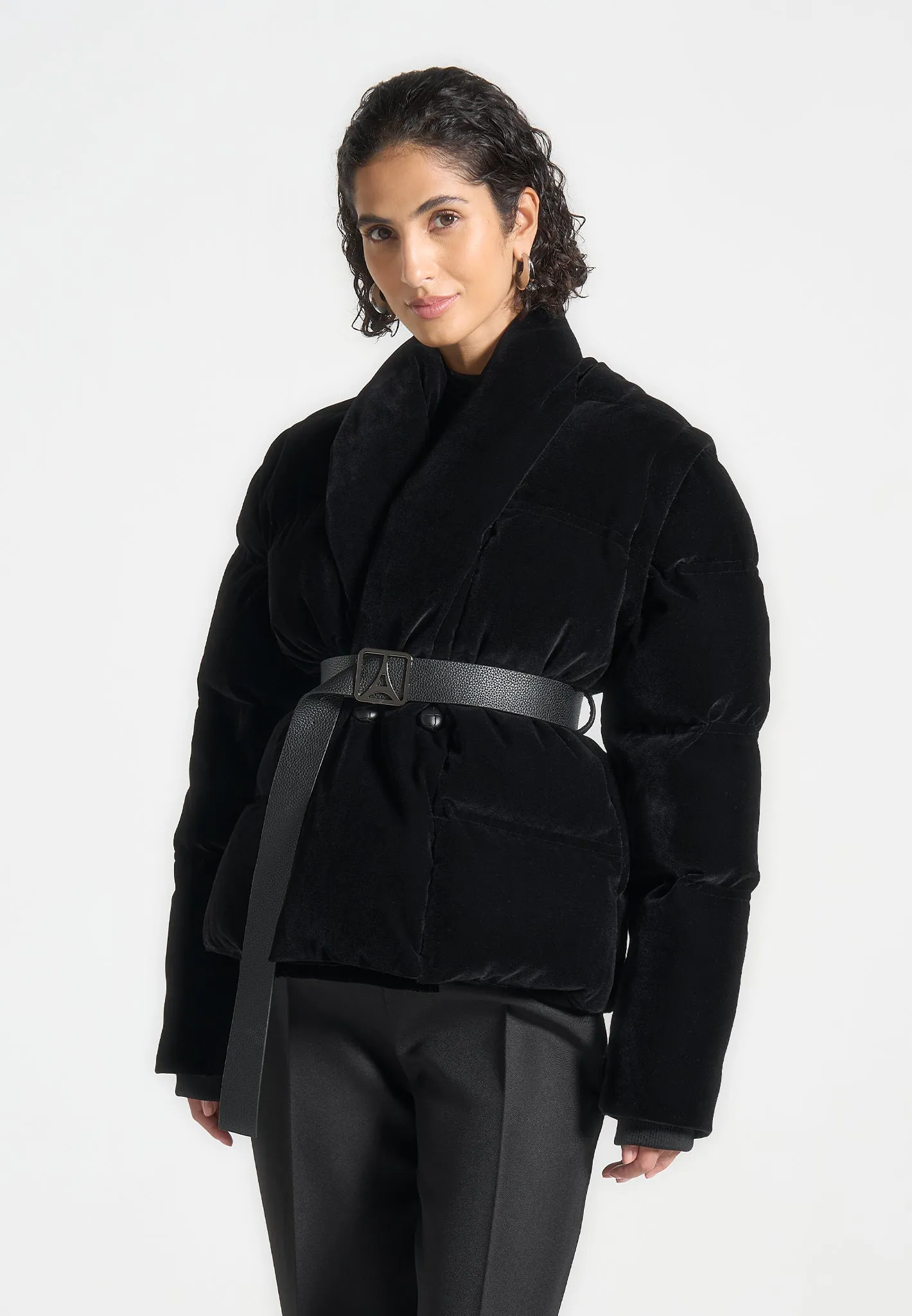 Velvet Wrap Belted Puffer Jacket - Black