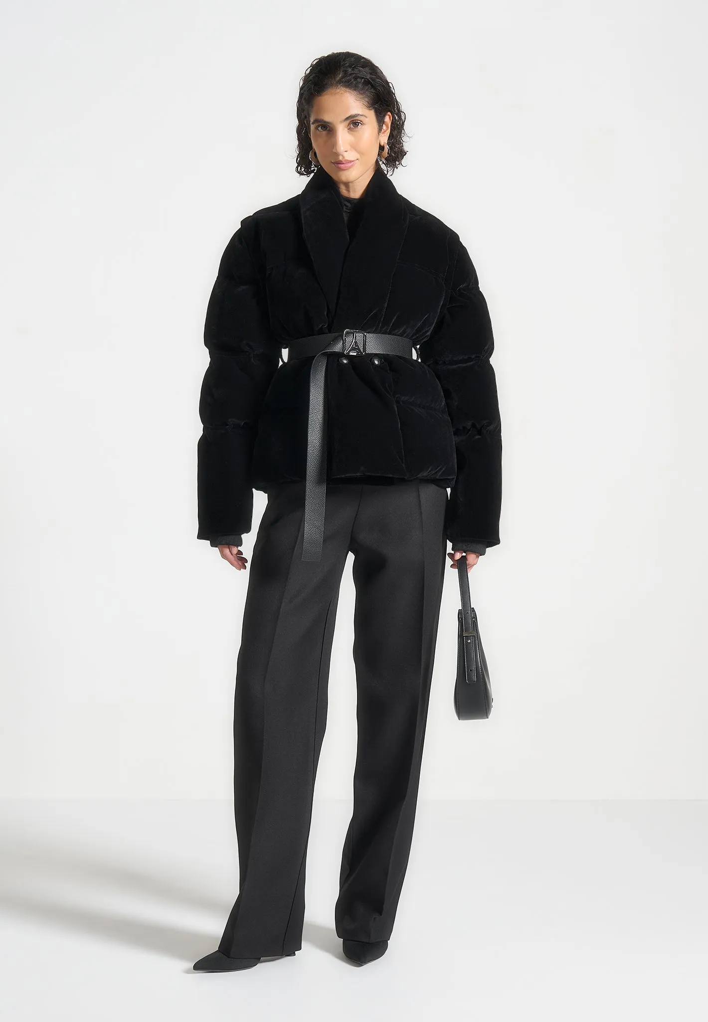 Velvet Wrap Belted Puffer Jacket - Black