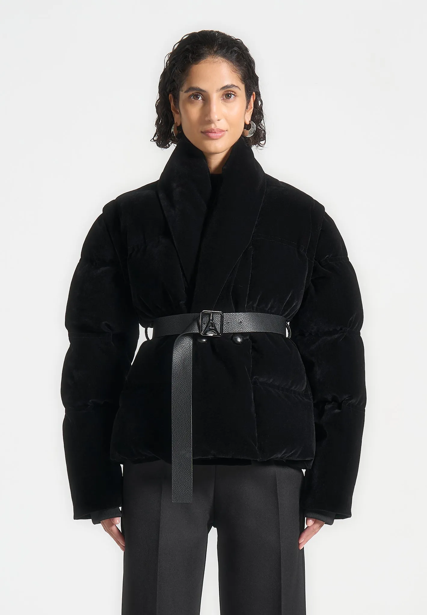 Velvet Wrap Belted Puffer Jacket - Black