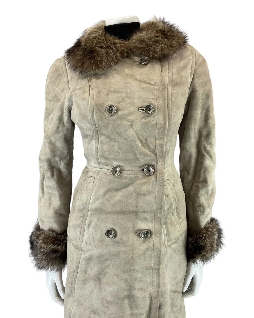 VINTAGE 60s 70s PEANUT BROWN DOUBLE BREASTED MOD SUEDE SHEARLING COAT 8 10