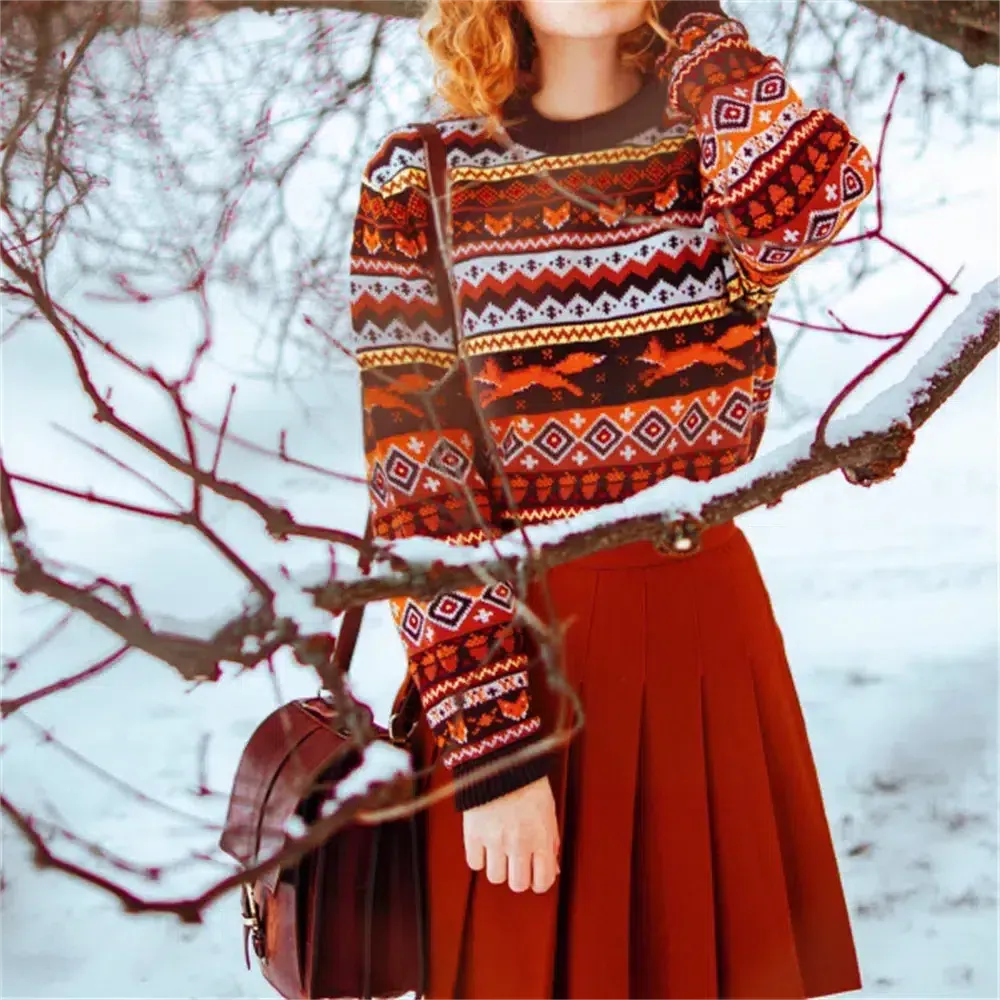 Vintage Fox Embroidered Christmas Sweater