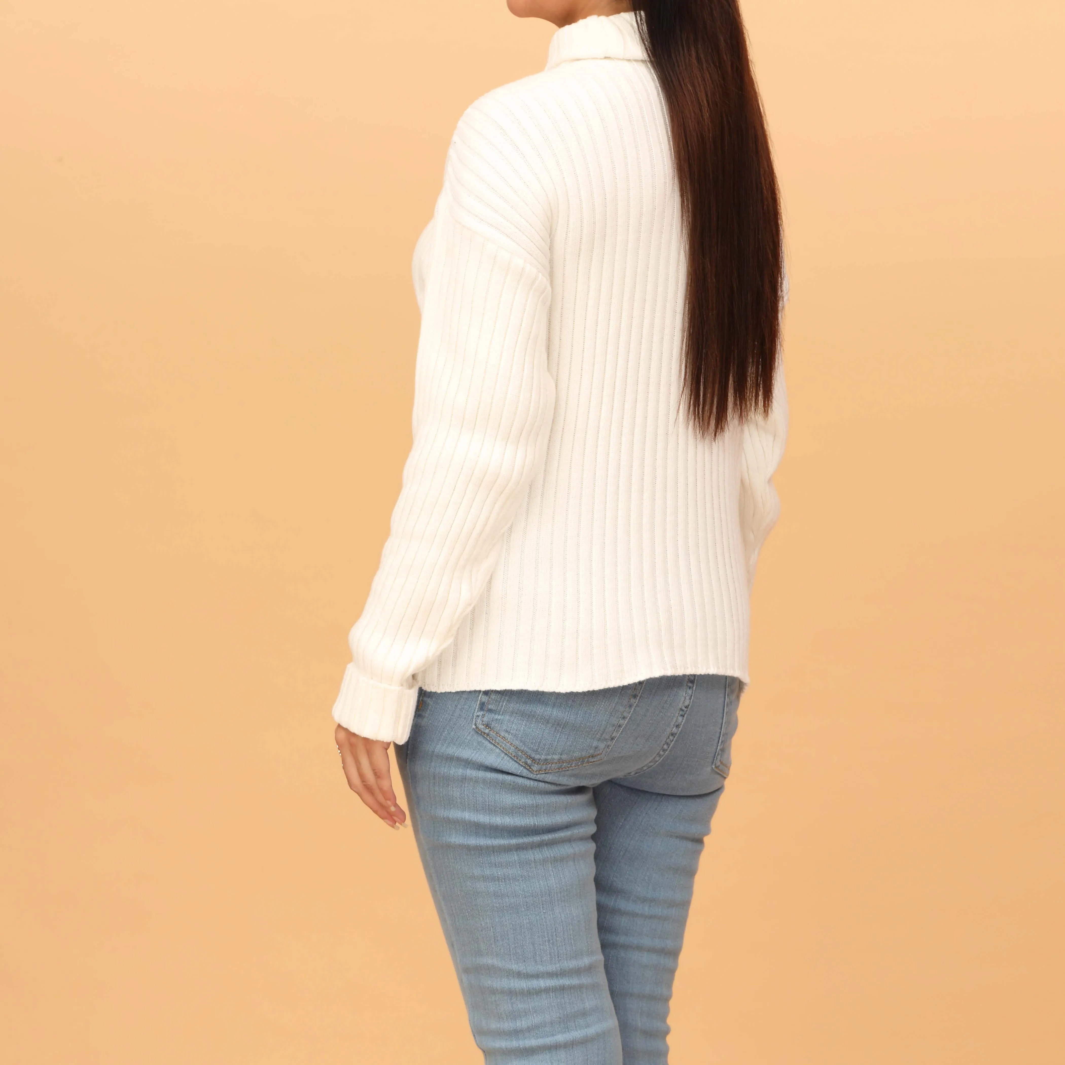 White Plain Knitted High Neck Sweater PW4838