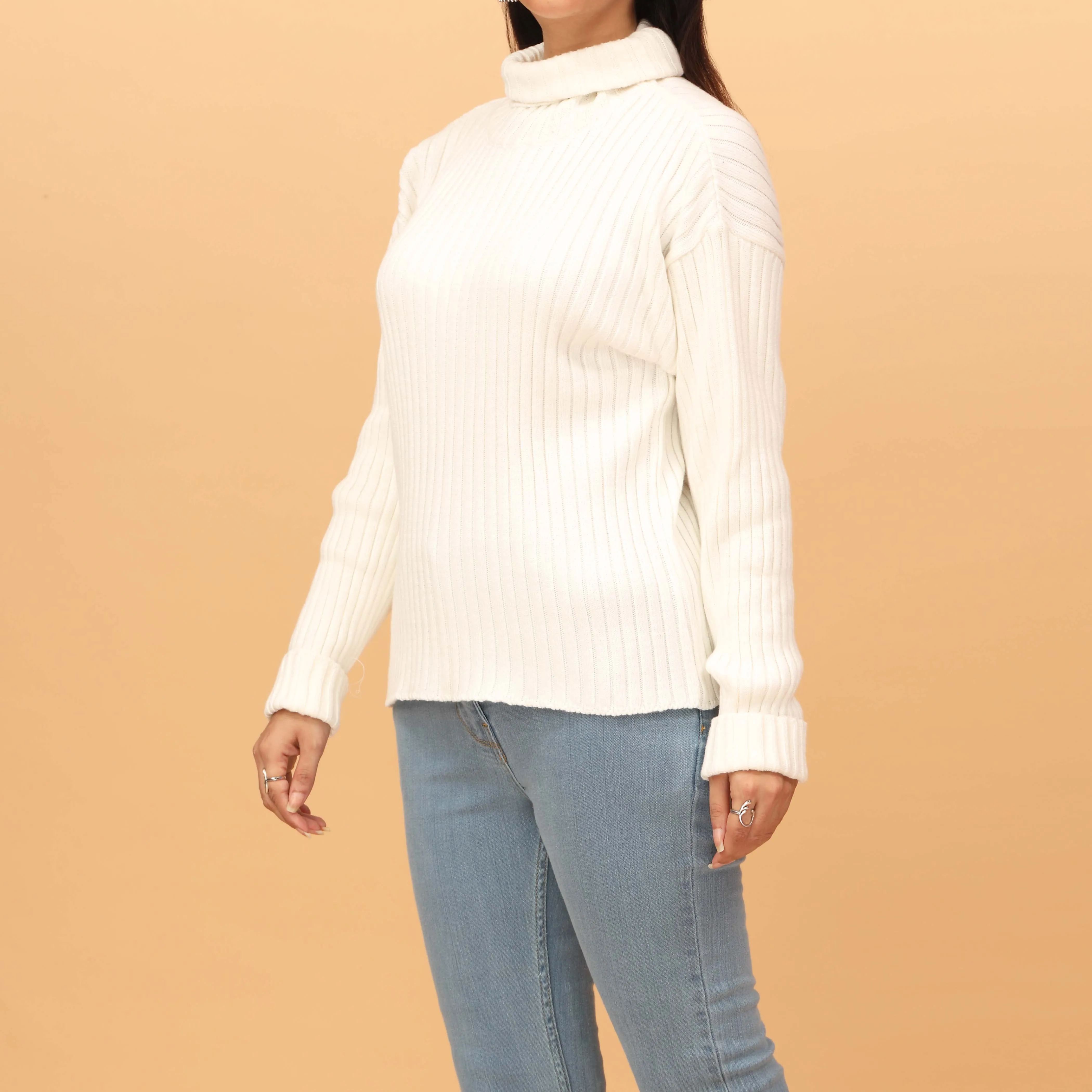 White Plain Knitted High Neck Sweater PW4838