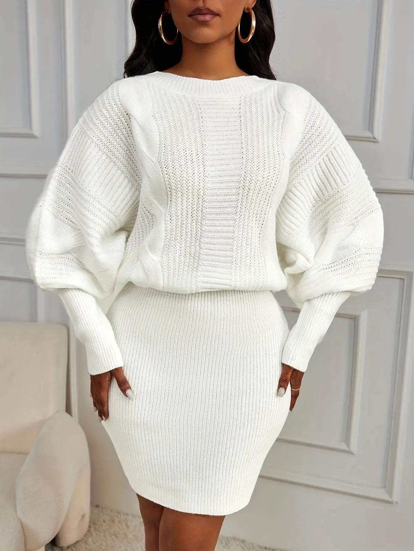 White Ribbed Knitted Crew Neck Dress