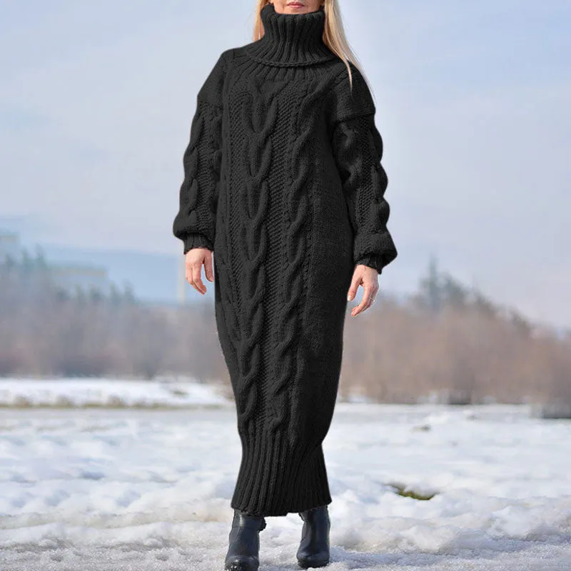 Winter Comfy Chic Turtleneck Long Sleeve Fisherman Cable Knit Maxi Sweater Dress