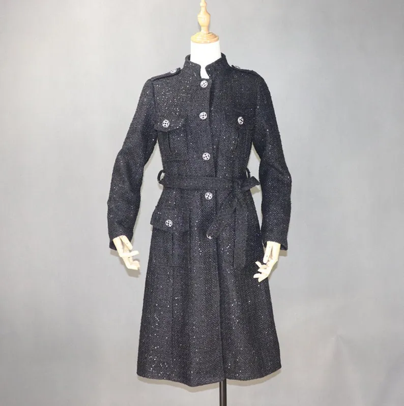 Women Designer Inspired Tweed Wool Blend Sequined Trench Coat Outwear Belted