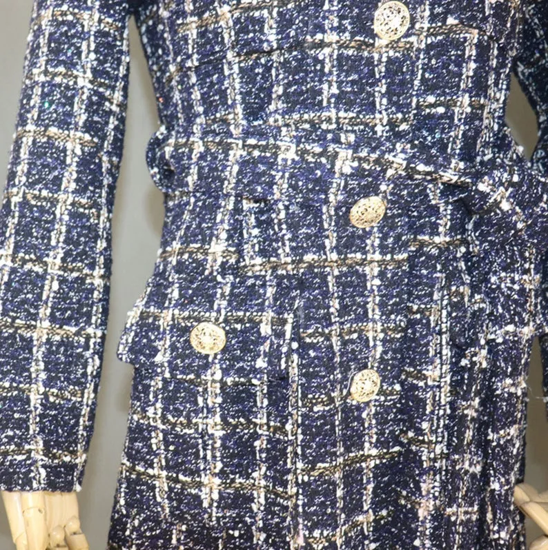 Women Designer Inspired Tweed Wool Blend Sequined Trench Coat Outwear Belted