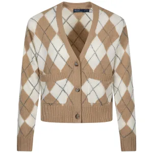 Womens Argyle Wool V-Neck Cardigan Camel Multi - SS24