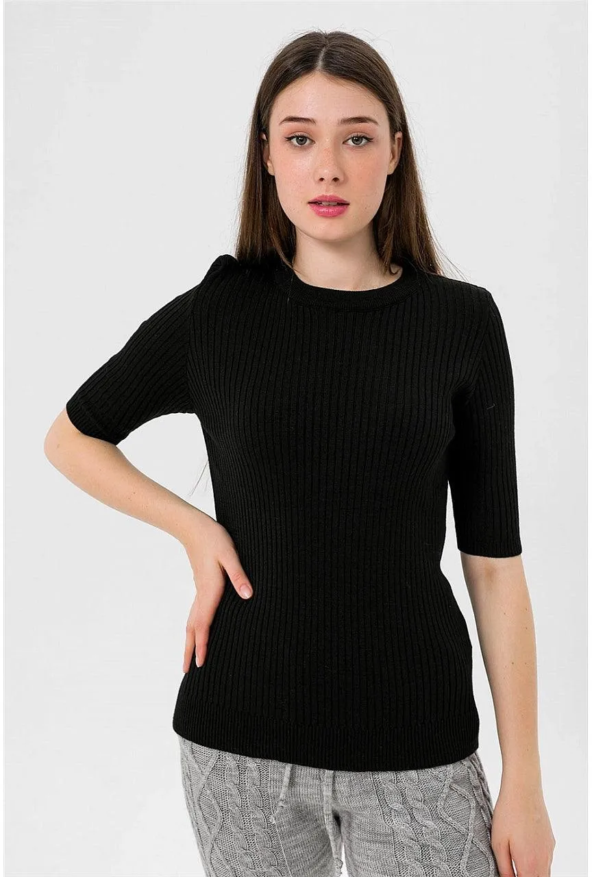 Womens Crew Neck Short Sleeve Knitwear- Black Color