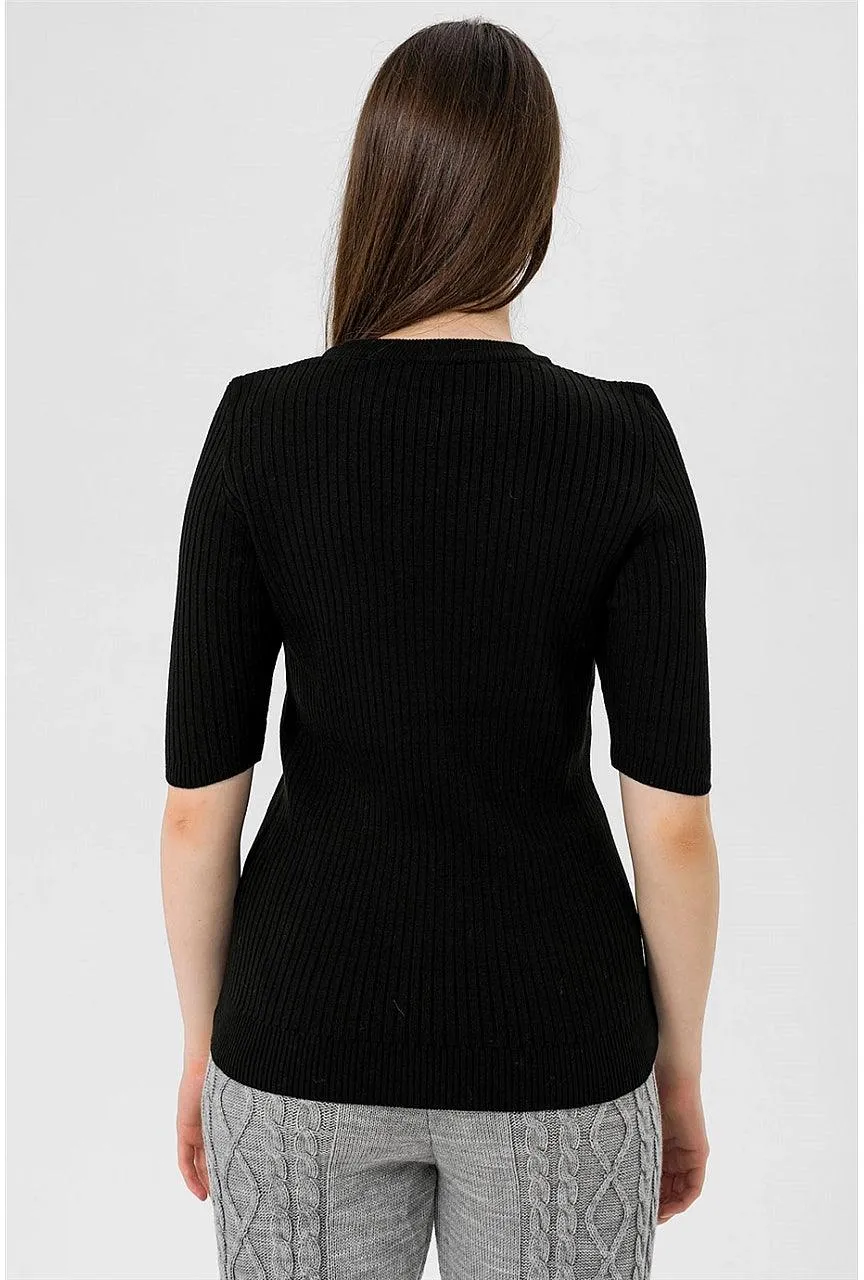 Womens Crew Neck Short Sleeve Knitwear- Black Color