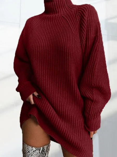 Women's Stylish Knitted Sweater Dress with High Collar | Ideal for Autumn/Winter