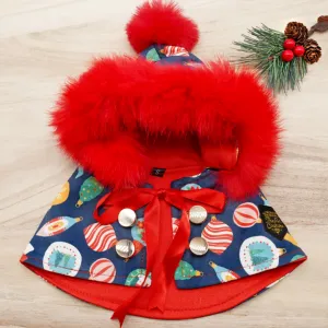 Xmas Hoodie Cape - Dark Navy Ornaments with Red Faux Fur Trimmings