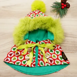 Xmas Hoodie Cape - Xmas tree prints with Lime Green Faux Fur Trimmings